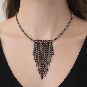 Retro Fringe Bib Necklace Silver Tone Red Rhinestone Statement 15-18"